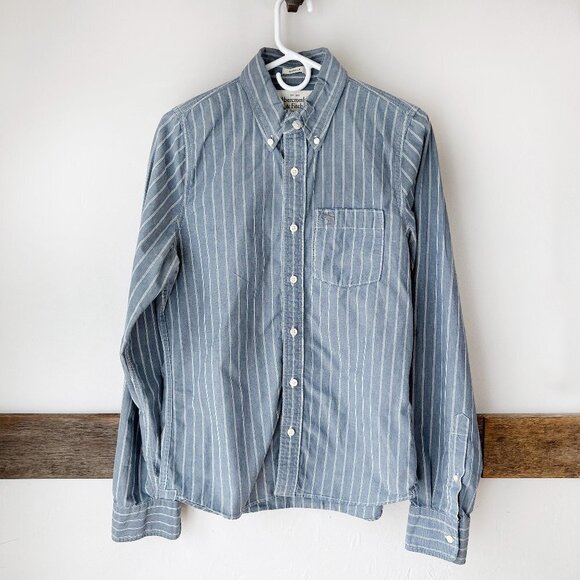 Abercrombie & Fitch Mens Muscle Shirt Button Down‎ Moose Pinstripe M Blue - Picture 1 of 8